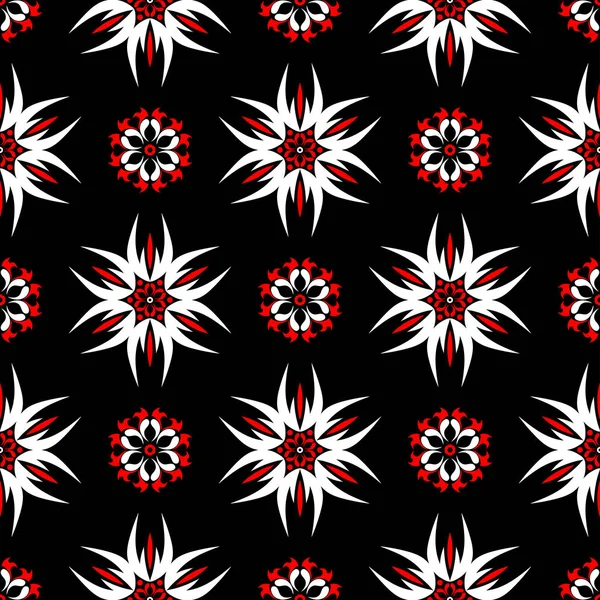 Květinový Vzor Bezešvé Červené Bílé Prvky Černém Pozadí — Stockový vektor
