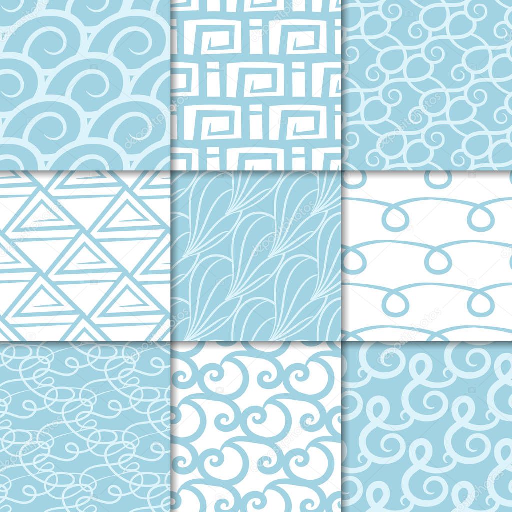 Abstract seamless patterns. Blue and white backgrounds for textile, wallpapers and fabrics