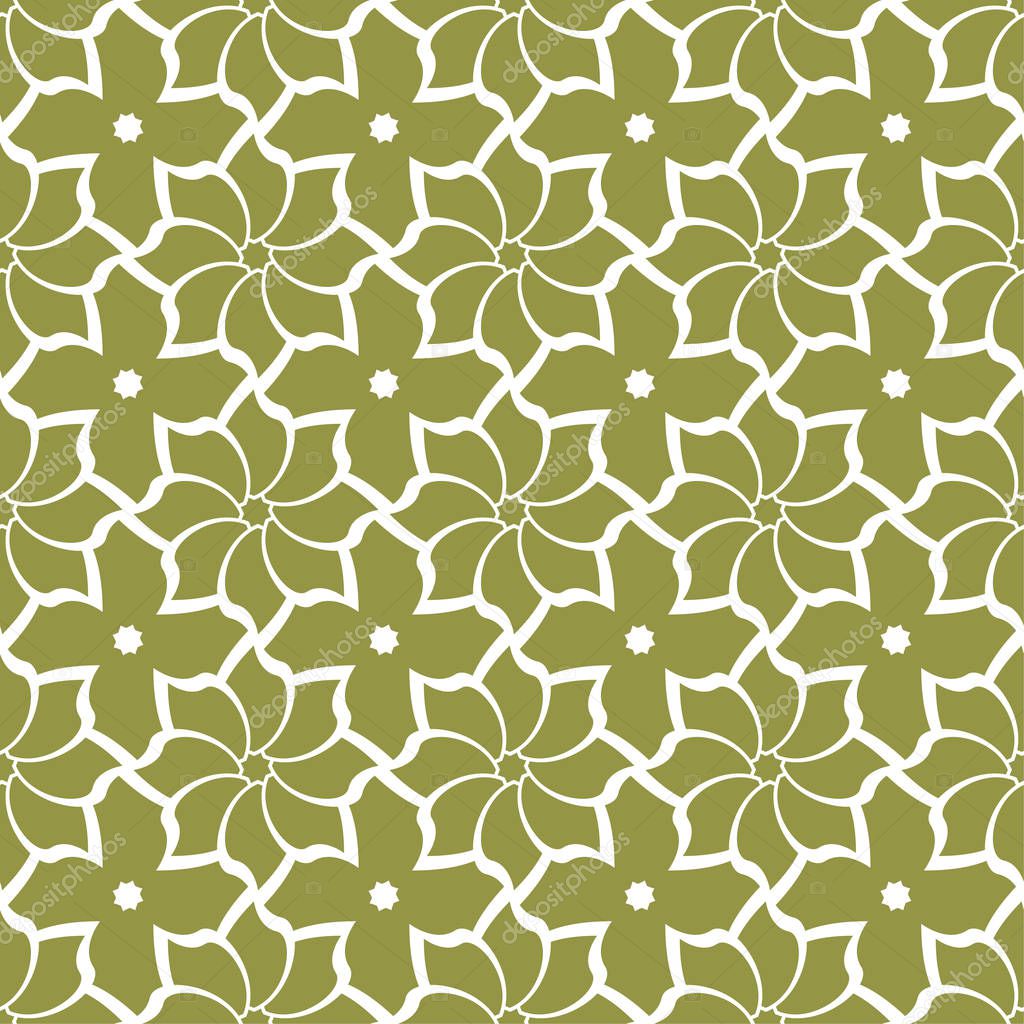 White flowers on olive green background. Ornamental seamless pattern for textile and wallpapers