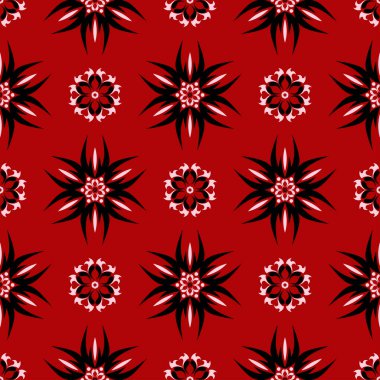 Sorunsuz kırmızı arka plan siyah ve beyaz tasarım öğeleri ile. Desen duvar kağıtları, Tekstil ve kumaş için