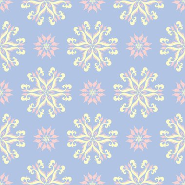 Çiçek seamless modeli. Soluk mavi arka plan duvar kağıtları, Tekstil ve kumaş için bej ve pembe çiçek öğeleri ile