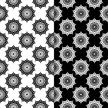 Siyah ve beyaz çiçek arka planlar. Tek renkli Dikişsiz desen Tekstil ve duvar kağıtları için set