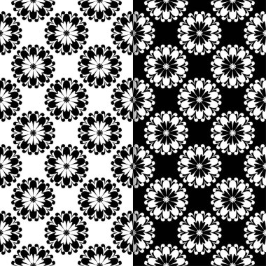 Siyah ve beyaz çiçek arka planlar. Tekstil ve duvar kağıtları için dikişsiz desen seti