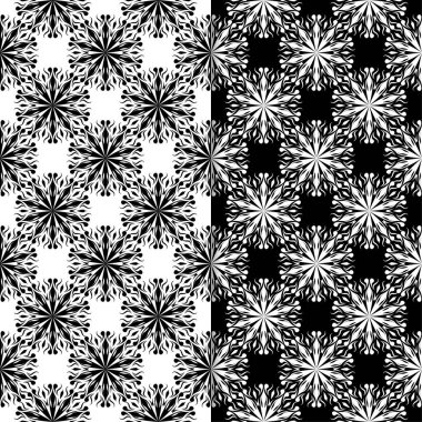 Siyah ve beyaz çiçek arka planlar. Tekstil ve duvar kağıtları için dikişsiz desen seti
