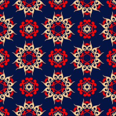 Kesintisiz mavi arka plan. Çiçek bej ve kırmızı desenli duvar kağıtları ve tekstil