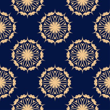 Koyu mavi zemin üzerine altın çiçek tasarım. Tekstil ve duvar kağıtları için seamless modeli