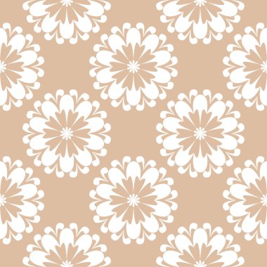 Bej renkli arka plan üzerinde beyaz çiçek süsleme. Tekstil ve duvar kağıtları için seamless modeli