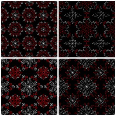 Poligonal sorunsuz arka planlar. Siyah beyaz ve kırmızı klasik duvar kağıtları, Tekstil ve kumaş çiçek desenleri ile ayarlar