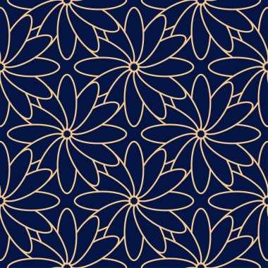 Koyu mavi zemin üzerine altın çiçek süsleme. Tekstil ve duvar kağıtları için seamless modeli