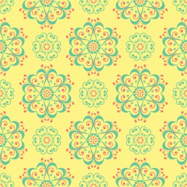 Çiçek tasarım ile Seamless modeli. Parlak sarı arka plan duvar kağıtları, Tekstil ve kumaş için pembe ve yeşil çiçek öğeleri