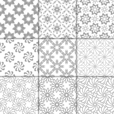 Gri ve beyaz çiçekli süsler. Kağıt için tarafsız Dikişsiz desen koleksiyonu Tekstil