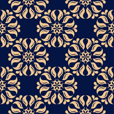 Koyu mavi zemin üzerine altın çiçek süsleme. Tekstil ve duvar kağıtları için seamless modeli