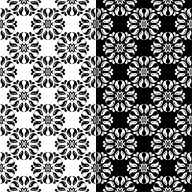 Siyah ve beyaz çiçek arka planlar. Tekstil ve duvar kağıtları için dikişsiz desen seti