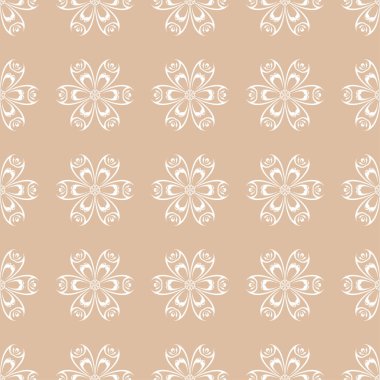 Bej renkli arka plan üzerinde beyaz çiçek süsleme. Tekstil ve duvar kağıtları için seamless modeli