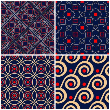 Sorunsuz arka planlar. Mavi klasik bej ve kırmızı duvar kağıtları, Tekstil ve kumaş için geometrik desenlerle ayarlar