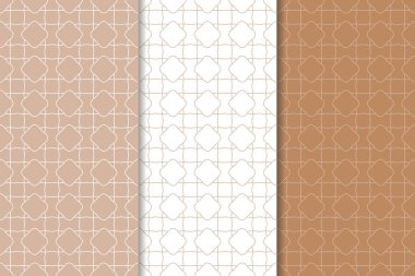 Kahverengi ve beyaz geometrik süsler. Web, Tekstil ve duvar kağıtları için dikişsiz desen seti