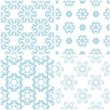 Çiçek desenleri. Beyaz ışık mavi öğeleri kümesi. Sorunsuz arka planlar. Vektör çizim
