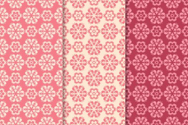 Kırmızı çiçekli süsler kümesi. Kiraz pembe dikey Dikişsiz desen. Duvar kağıdı arka plan