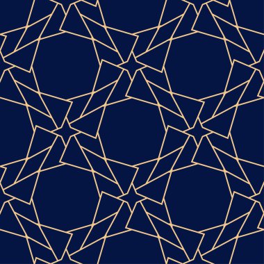Mavi zemin üzerine altın geometrik süsleme. Web, Tekstil ve duvar kağıtları için seamless modeli