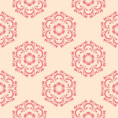 Bej renkli arka plan üzerinde kırmızı çiçekli süs. Tekstil ve duvar kağıtları için seamless modeli