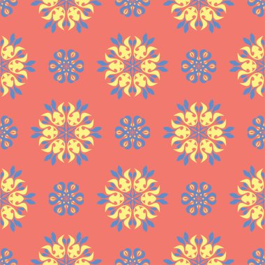 Çiçek seamless modeli. Parlak pembe turuncu arka plan duvar kağıtları, Tekstil ve kumaş için sarı ve mavi çiçek öğeleri ile