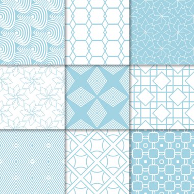 Mavi ve beyaz geometrik süsler. Web, Tekstil ve duvar kağıtları için dikişsiz desen koleksiyonu