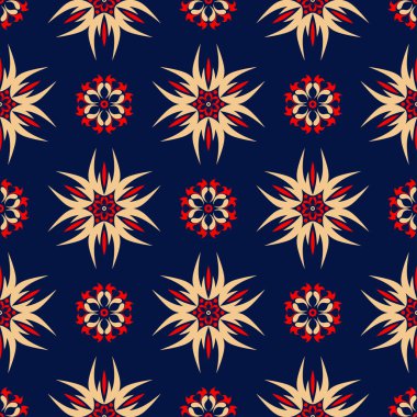 Kesintisiz mavi arka plan. Çiçek bej ve kırmızı desenli duvar kağıtları ve tekstil