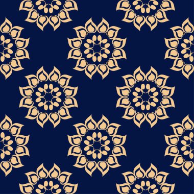 Altın mavi çiçek süsleme. Tekstil ve duvar kağıtları için seamless modeli