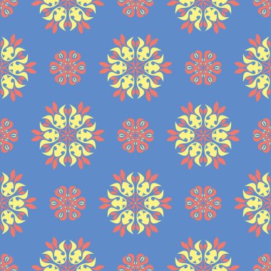 Çiçek seamless modeli. Duvar kağıtları, Tekstil ve kumaş için mavi arka plan üzerinde kırmızı ve sarı çiçek öğeleri