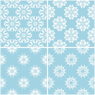 Çiçek desenleri. Mavi ve beyaz sorunsuz arka planlar kümesi. Vektör çizim