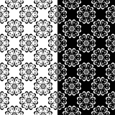 Siyah ve beyaz çiçek arka planlar. Tekstil ve duvar kağıtları için sorunsuz tasarım kümesi