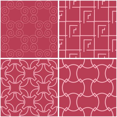 Geometrik desenler. Soluk kırmızı sorunsuz arka planlar kümesi. Vektör çizim