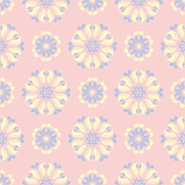 Çiçek seamless modeli. Soluk pembe arka plan duvar kağıtları, Tekstil ve kumaş için ışık mavi ve sarı çiçek öğeleri