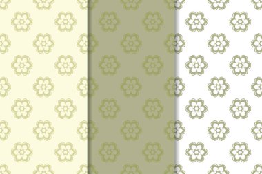 Zeytin yeşili ve beyaz çiçek arka planlar. Tekstil ve duvar kağıtları için dikişsiz desen seti