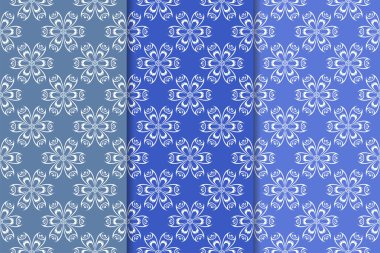 Mavi çiçekli süs tasarım kümesi. Duvar kağıtları ve kumaşlar için dikey Dikişsiz desen