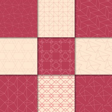 Kiraz kırmızı ve bej geometrik süsler. Web, Tekstil ve duvar kağıtları için dikişsiz desen koleksiyonu