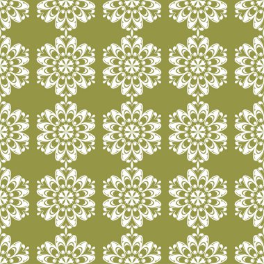 Zeytin yeşil zemin üzerine beyaz çiçek süsleme. Tekstil ve duvar kağıtları için seamless modeli