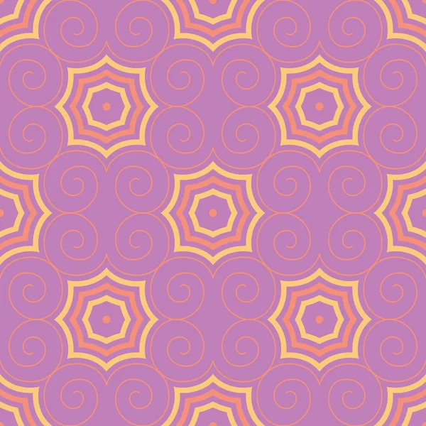 几何紫色无缝图案 明亮的彩色背景与粉红色和黄色元素的墙纸 纺织品和织物 — 图库矢量图片