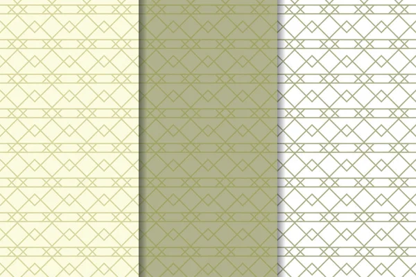 オリーブ グリーンと白の幾何学的な装飾品 Web テキスタイルや壁紙のため垂直のシームレス パターンのセット — ストックベクタ