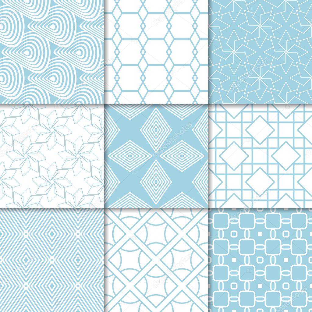 Blue and white geometric ornaments. Collection of seamless patterns for web, textile and wallpapers