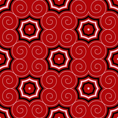 Geometrik seamless modeli. Kırmızı zemin üzerine siyah ve beyaz öğeleri. Duvar kağıtları ve tekstil tasarım