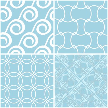 Geometrik desenler. Mavi ve beyaz sorunsuz arka planlar kümesi. Vektör çizim