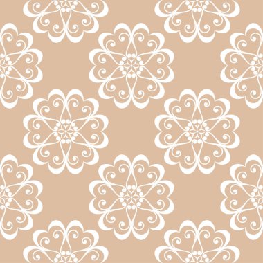 Bej renkli arka plan üzerinde beyaz çiçek süs tasarım. Tekstil ve duvar kağıtları için seamless modeli