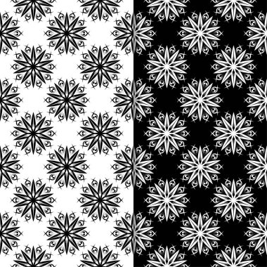 Siyah ve beyaz çiçek arka planlar. Tekstil ve duvar kağıtları için dikişsiz desen seti