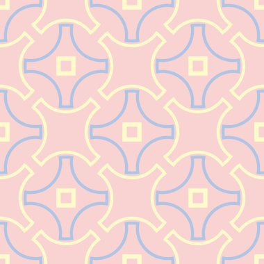 Geometrik seamless modeli. Soluk pembe arka plan duvar kağıtları, Tekstil ve kumaş için mavi ve bej elemanları ile