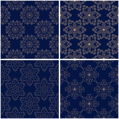 Çiçek desenleri. Altın mavi sorunsuz arka planlar kümesi. Vektör illustraton