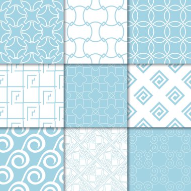 Mavi ve beyaz geometrik süsler. Web, Tekstil ve duvar kağıtları için dikişsiz desen koleksiyonu