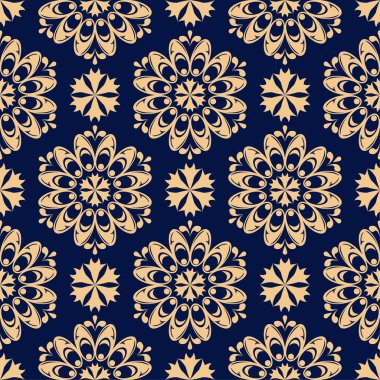 Koyu mavi zemin üzerine altın çiçek tasarım. Tekstil ve duvar kağıtları için seamless modeli