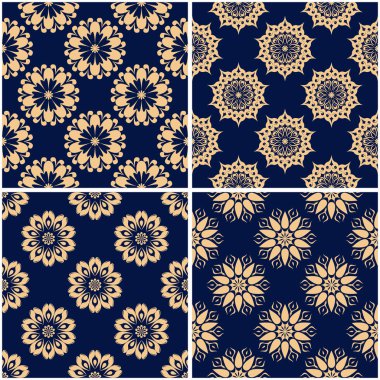 Çiçek desenleri. Altın mavi sorunsuz arka planlar kümesi. Vektör illustraton