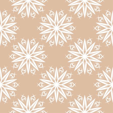 Bej renkli arka plan üzerinde beyaz çiçek süsleme. Tekstil ve duvar kağıtları için seamless modeli